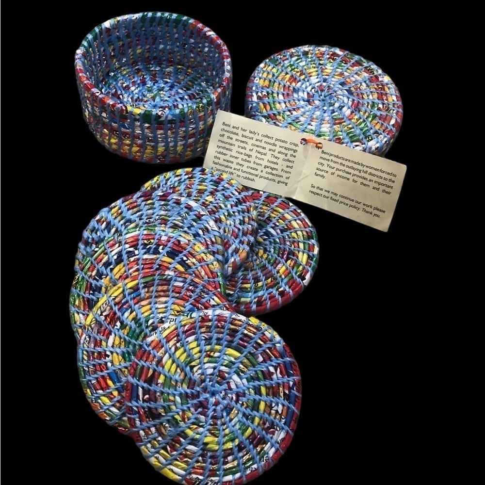 Beni Nepal / Set of 6 round coasters/ NWT/ with matching holder and lid